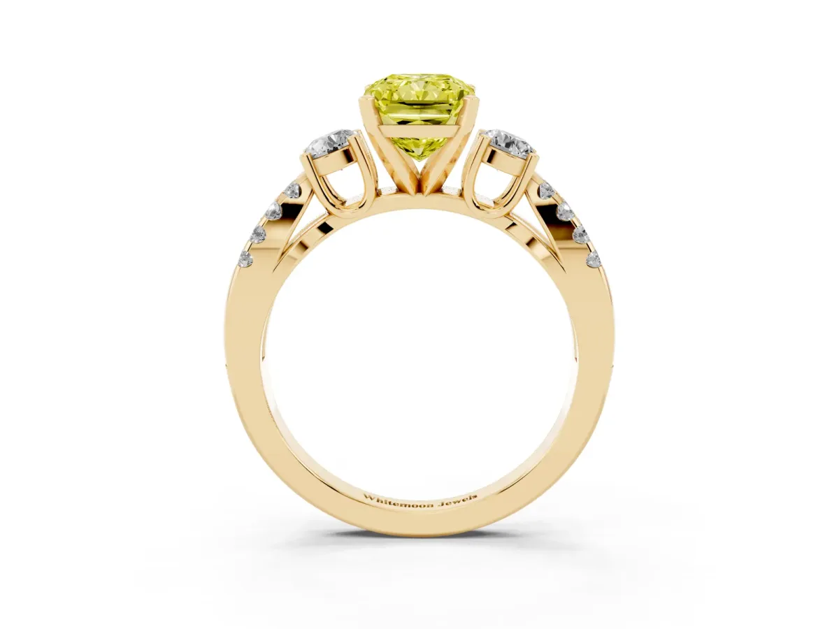 Fancy Yellow Radiant Cut Diamond Three-Stone Ring with Pavé Split Shank and Four-Prong Setting Yellow gold