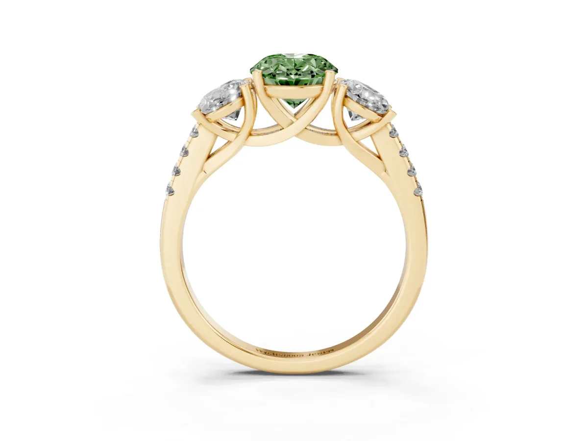 Fancy Green Three-Stone Oval Cut Diamond Ring with Round Pavé Band and Prong Setting Yellow gold