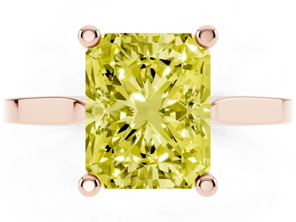 Fancy Yellow Radiant Cut Solitaire Diamond Ring with Four-Prong Setting and Tapered Band Rose gold