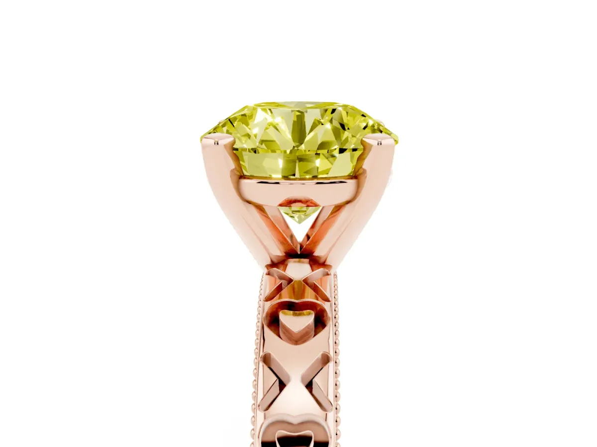 Fancy Yellow Round Cut Solitaire Diamond Engagement Ring with XO Engraved Band and Four-Prong Setting Rose gold