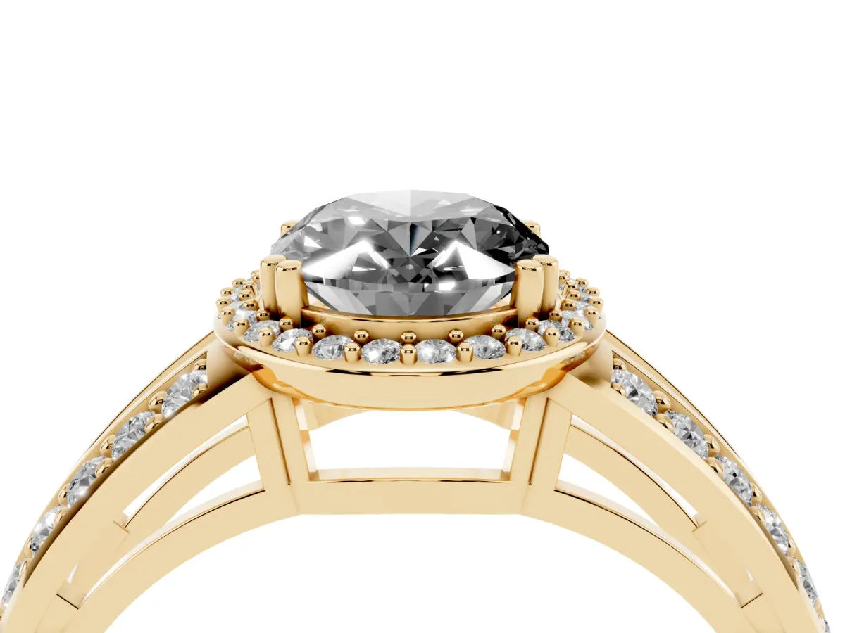 Fancy Black Oval Cut Diamond Halo Ring with Split Shank Pavé Band and Four-Prong Setting Yellow gold