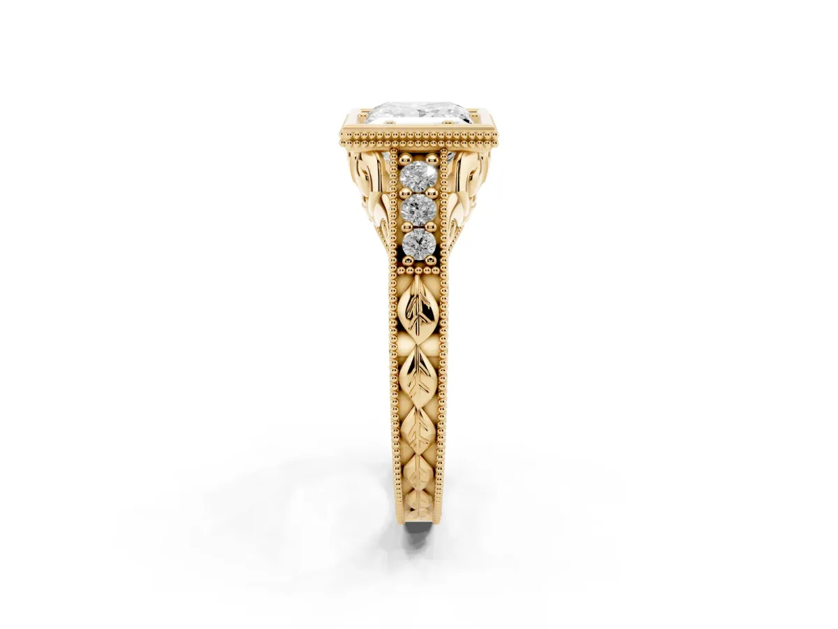Bezel Set Princess Cut Diamond Milgrain Pave Engagement Ring Yellow gold