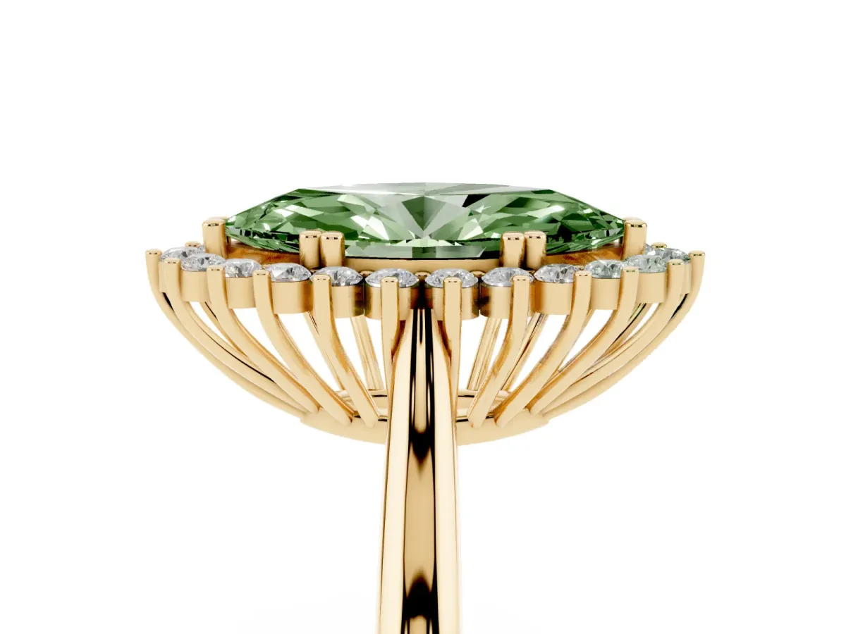 Fancy Green Marquise Cut Cut Diamond Halo Ring with Solitaire Band and Prong Setting Yellow gold