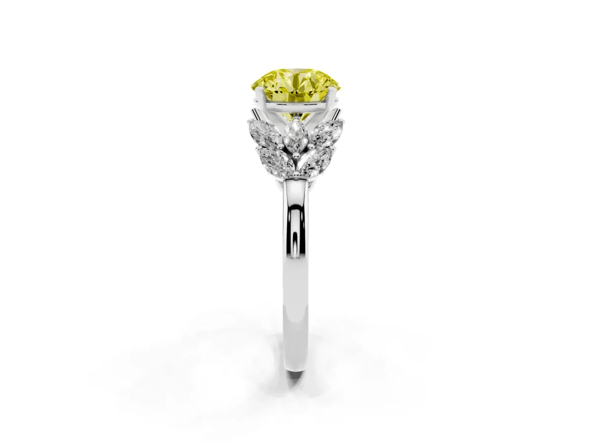 Fancy Yellow Round Cut Diamond Cluster Leaf Design Ring with Prong Setting Silver