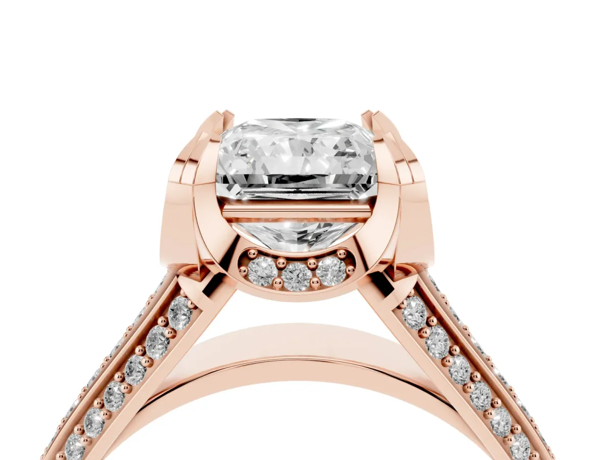 Radiant Cut Solitaire Pave Split Shank Ring with Four-Prong Setting Rose gold