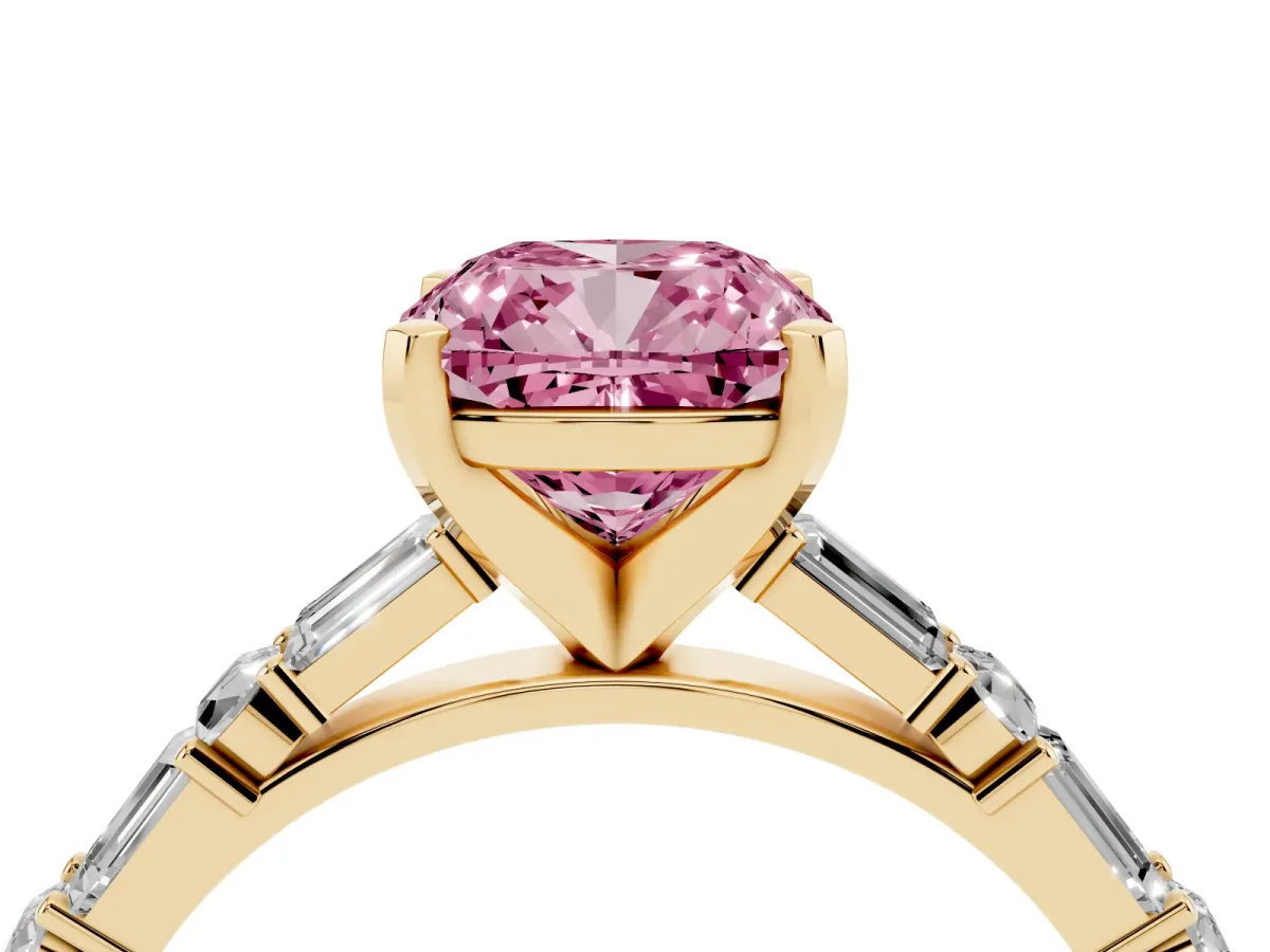 Fancy Pink Cushion Cut Diamond Solitaire with Side Baguettes and Channel Set Band Yellow gold