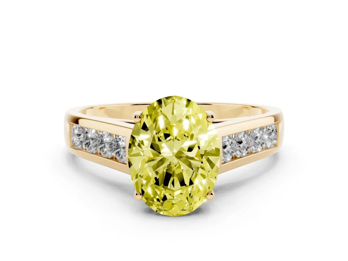 Fancy Yellow Oval Cut Solitaire Channel-Set Diamond Engagement Ring with Four-Prong Setting Yellow gold