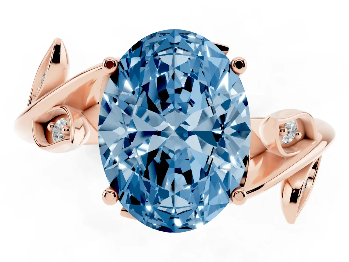 Fancy Blue Oval Cut Solitaire Twist Engagement Ring with Leaf Accents and Prong Setting Rose gold