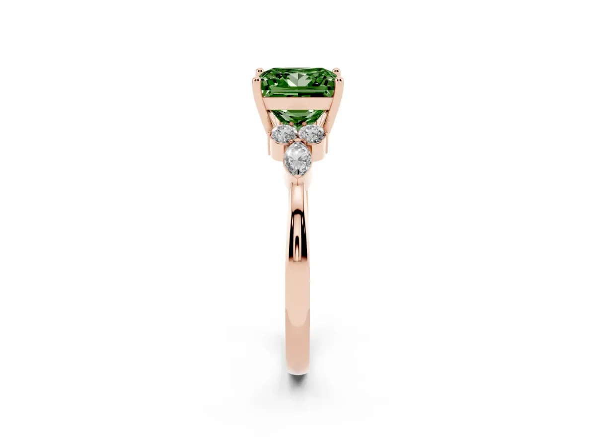 Fancy Green Princess Cut Brilliant Diamond Solitaire Ring with Pear Side Stones and Four-Prong Setting Rose gold