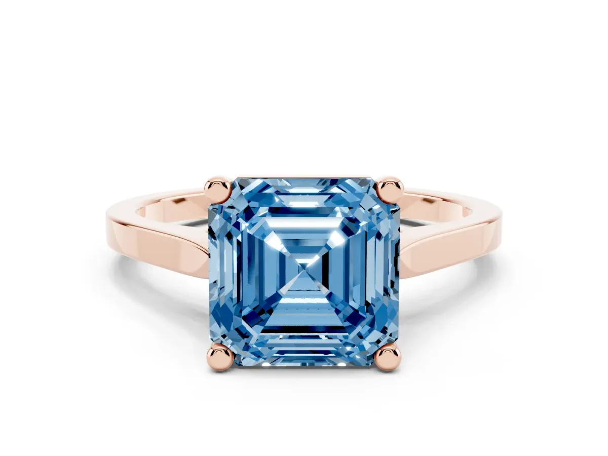Fancy Blue Asscher Cut Solitaire Diamond Ring with Four-Prong Setting and Tapered Band Rose gold