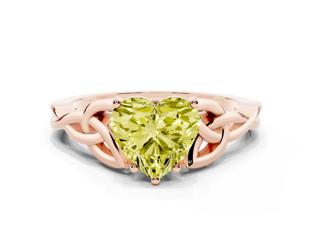 Fancy Yellow Heart Cut Diamond Solitaire Engagement Ring with Celtic Knot Band and Four-Prong Setting Rose gold