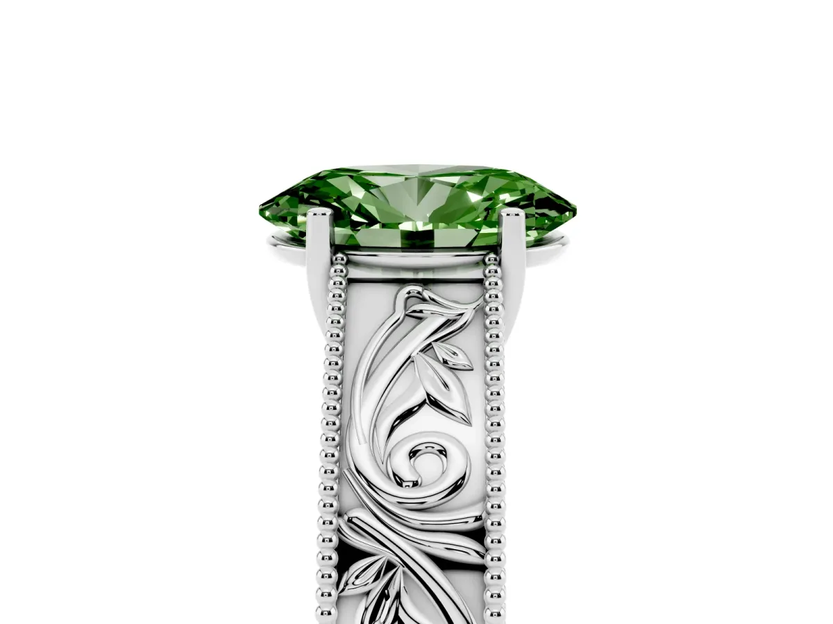 Fancy Green Oval Cut Diamond Solitaire Ring with Engraved Band and Four-Prong Setting Platinum