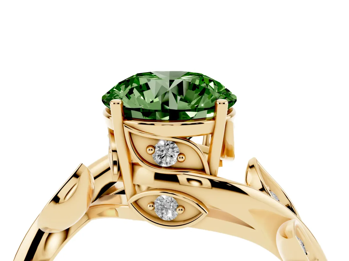 Fancy Green Round Cut Solitaire Twist Engagement Ring with Leaf Accents and Prong Setting Yellow gold