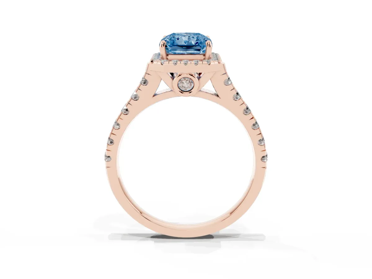 Fancy Blue Radiant Cut Halo Pavé Diamond Engagement Ring with Four-Prong Setting Rose gold