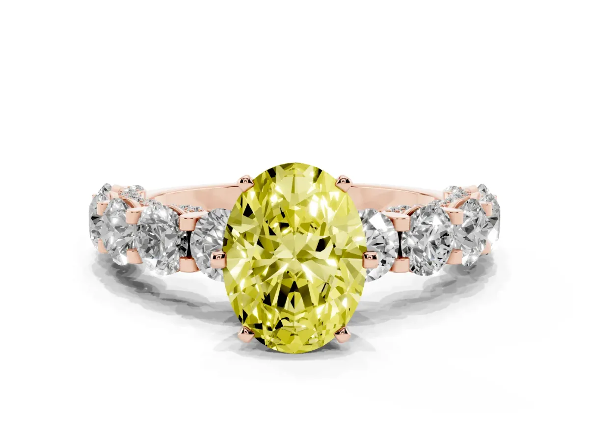 Fancy Yellow Oval Cut Diamond Side Stone Engagement Ring with Four-Prong Setting Rose gold