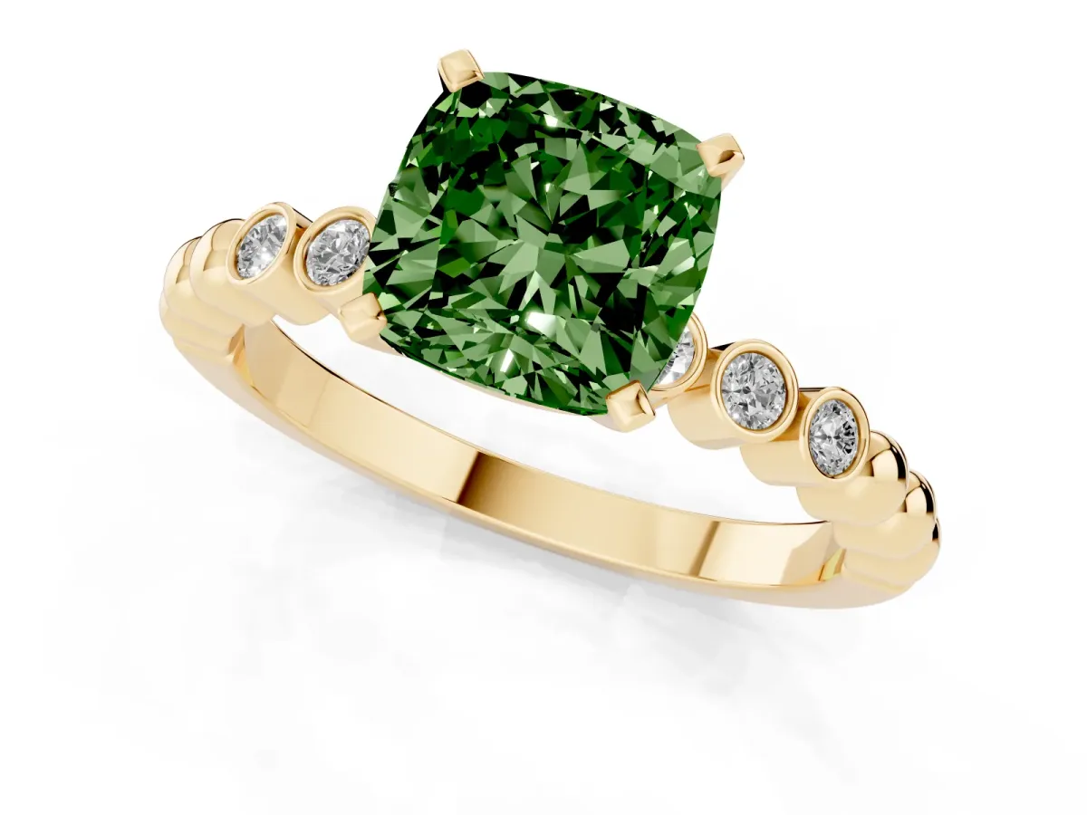Fancy Green Cushion Cut Solitaire Bezel Accent Diamond Engagement Ring with Beaded Band and Four-Prong Setting Yellow gold