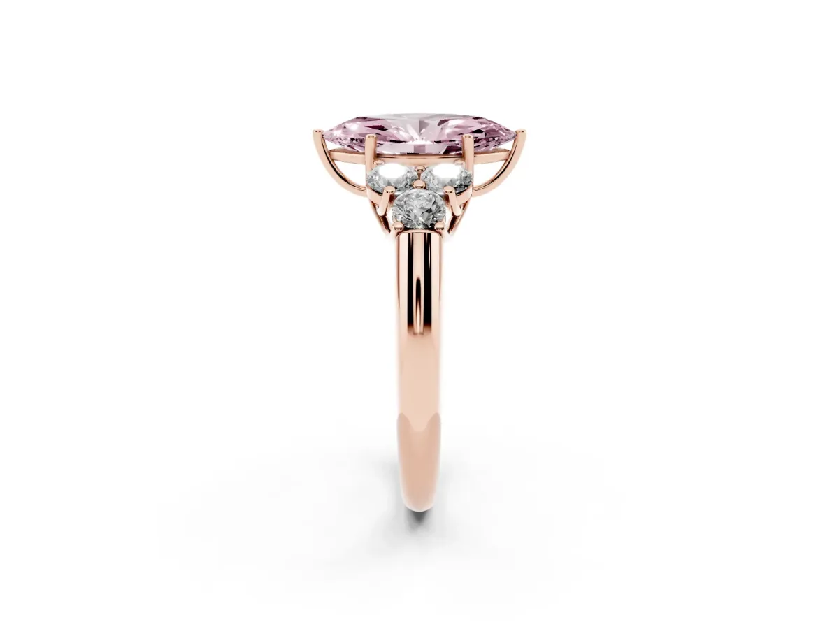 Fancy Pink Marquise Cut Cut Diamond Cluster Ring with Round Accent Stones and Prong Setting on a Classic Band Rose gold
