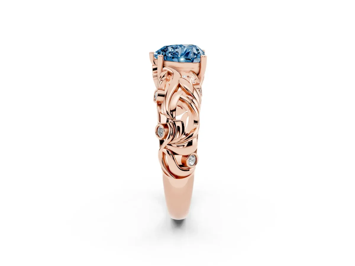 Fancy Blue Heart Cut Solitaire Diamond Leaf-Inspired Vine Band Ring with Prong Setting Rose gold