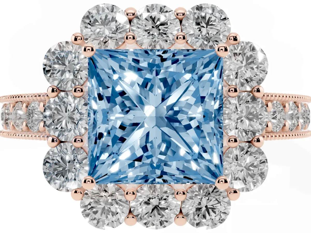 Fancy Blue Princess Cut Cut Halo Diamond Pavé Engagement Ring with Milgrain Detailing Rose gold