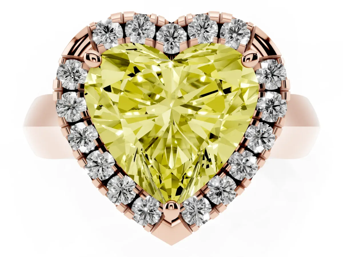 Fancy Yellow Heart Cut Cut Halo Solitaire Engagement Ring with Square Band and Four-Prong Setting Rose gold