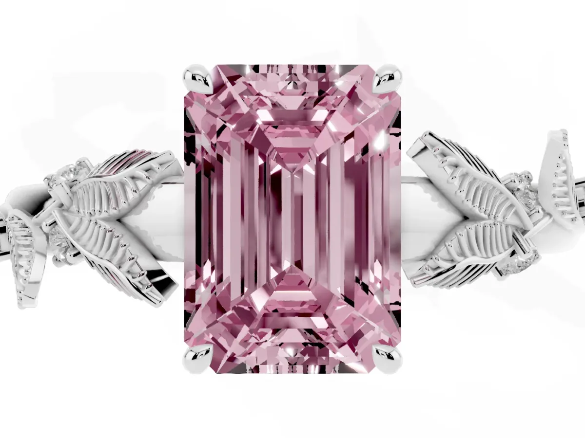 Fancy Pink Emerald Cut Diamond Solitaire Ring with Leaf Motif Band and Four-Prong Setting Silver