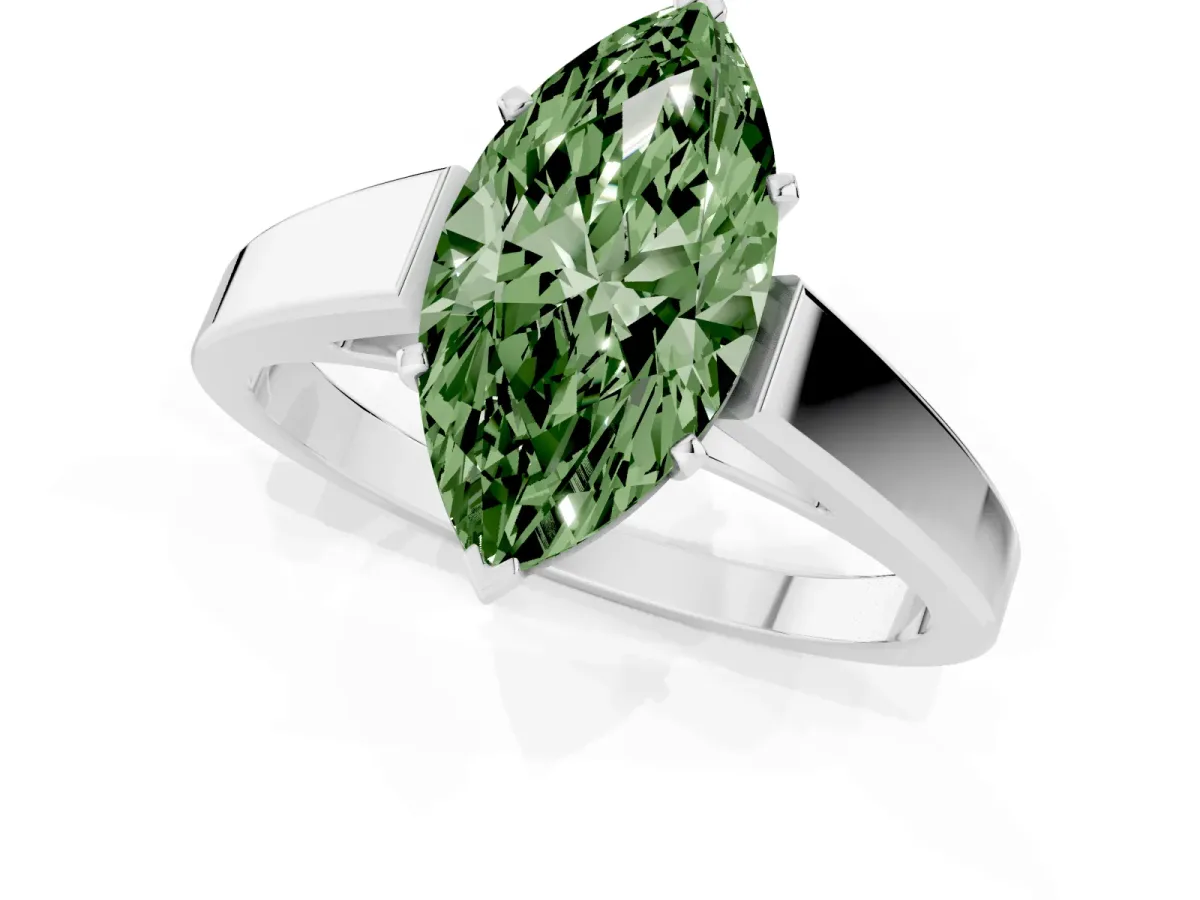 Fancy Green Marquise Cut Solitaire Engagement Ring with Four-Prong Setting and Tapered Band Silver