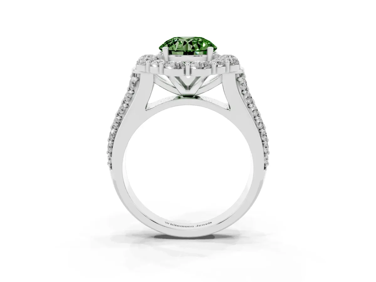 Fancy Green Round Cut Halo Diamond Engagement Ring with Split Shank and Prong Setting Silver