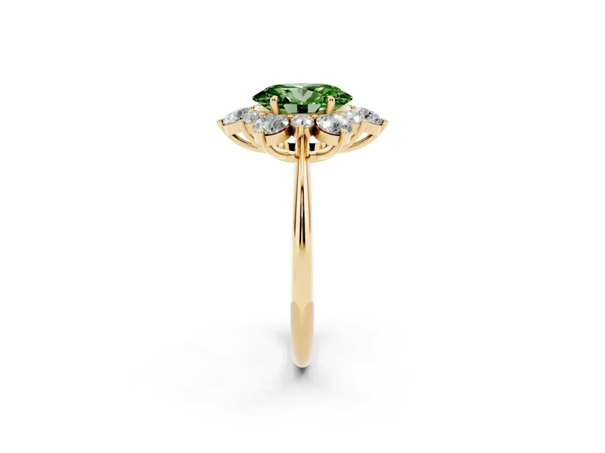 Fancy Green Oval Cut Diamond Cluster Halo Ring with Solitaire Band and Four-Prong Setting Yellow gold