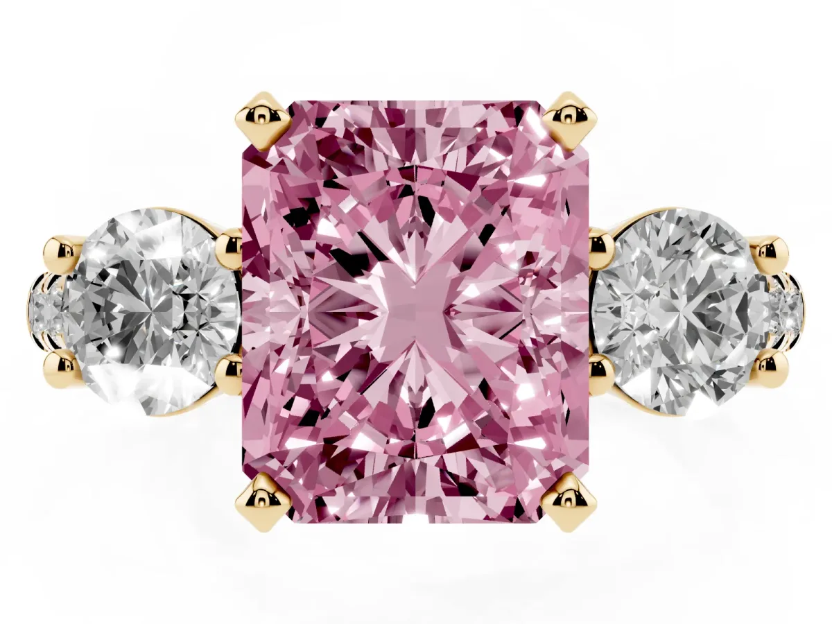 Fancy Pink Three-Stone Radiant Cut Diamond Pavé Band with Four-Prong Setting Yellow gold