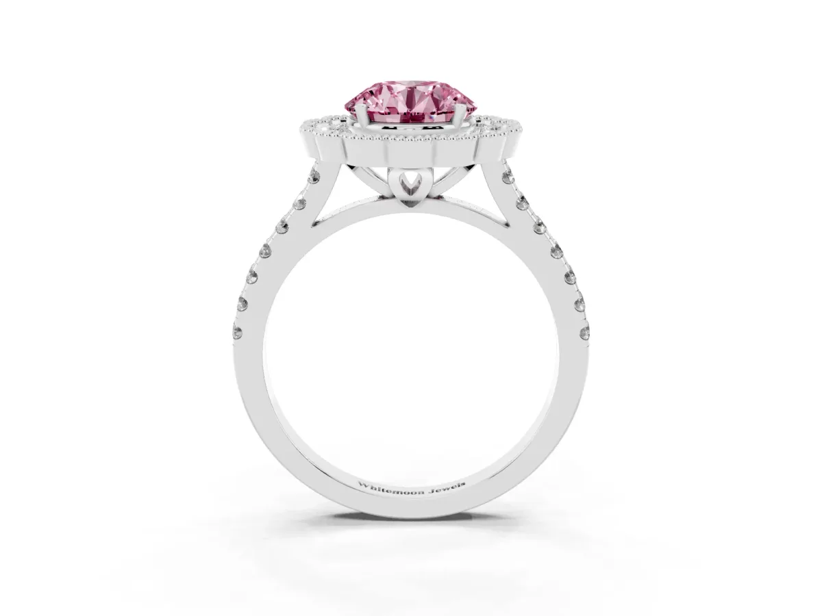 Fancy Pink Round Cut Cut Diamond Milgrain Floral Halo Engagement Ring with Pavé Band Silver