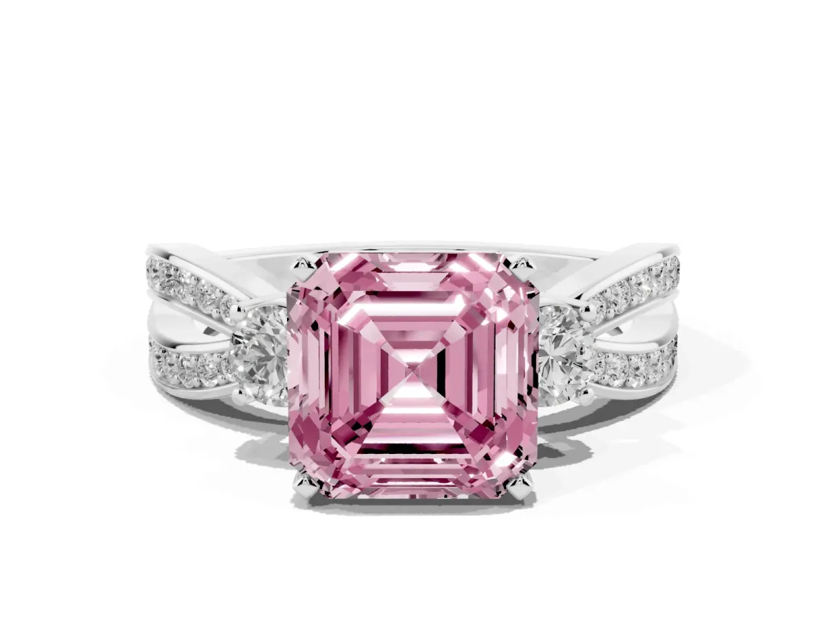 Fancy Pink Three-Stone Asscher Cut Cut Diamond Twist Band with Prong Setting Silver