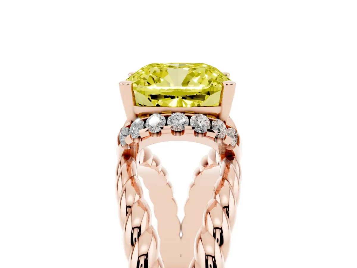 Fancy Yellow Cushion Cut Halo Twisted Band Four-Prong Ring Rose gold
