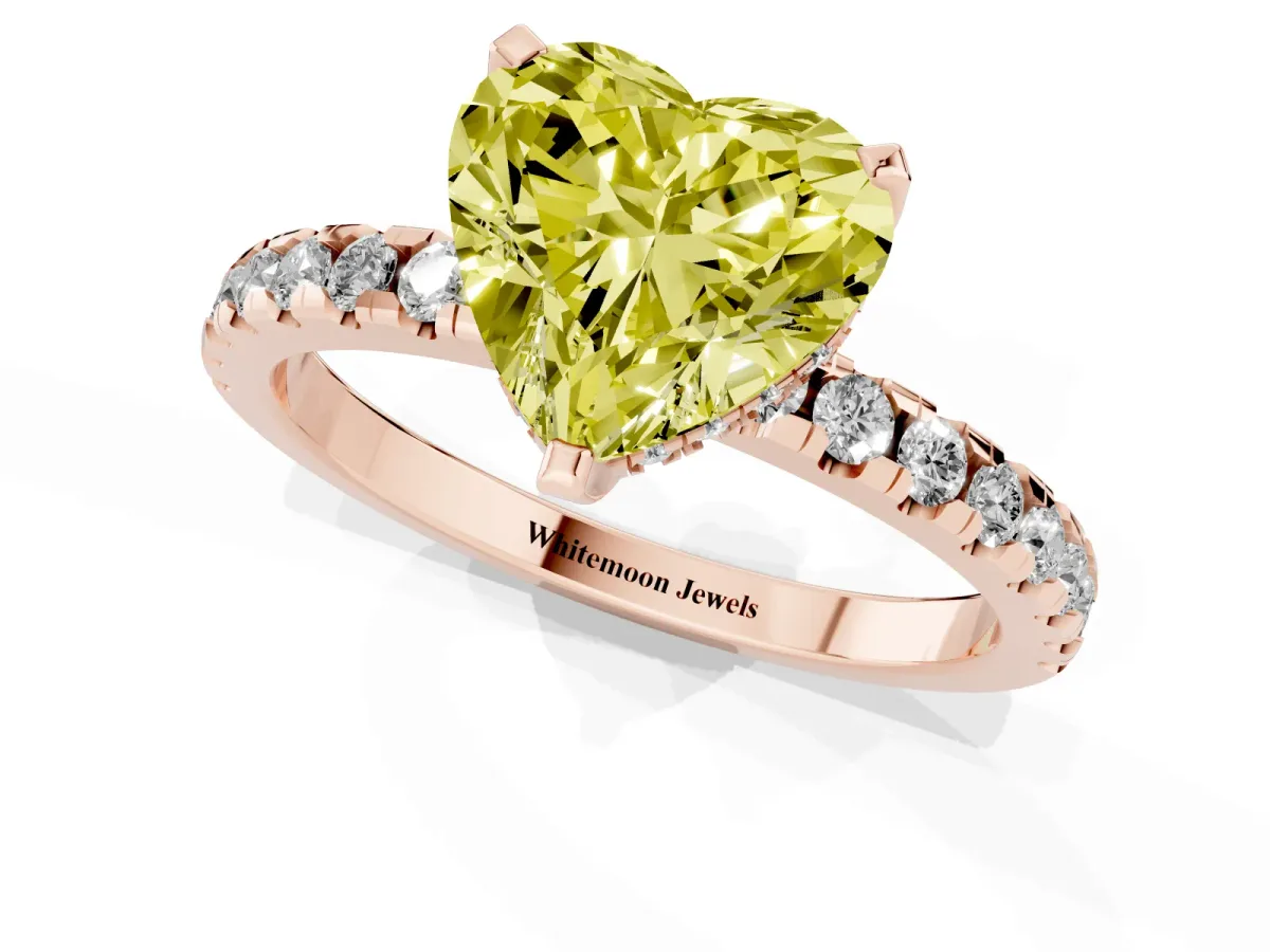 Fancy Yellow Heart Cut Diamond Solitaire Ring with Round Pavé Band and Four-Prong Setting Rose gold