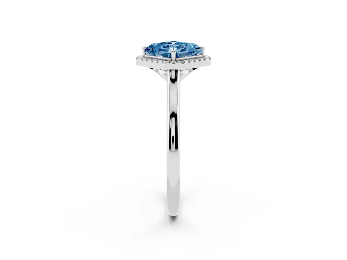 Fancy Blue Asscher Cut Halo Round Diamond Solitaire Engagement Ring with Pave Band and Four-Prong Setting White gold