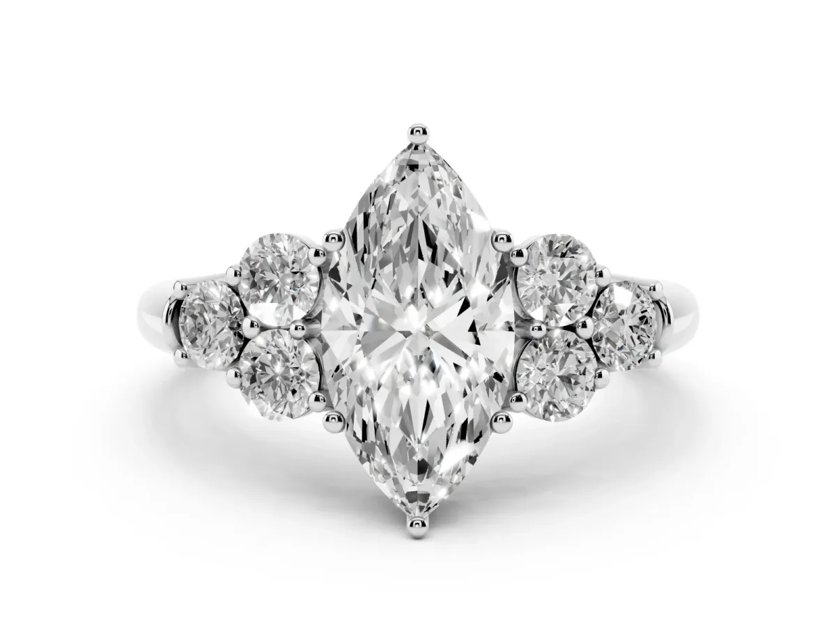 Marquise Cut Cut Diamond Cluster Ring with Round Accent Stones and Prong Setting on a Classic Band Silver