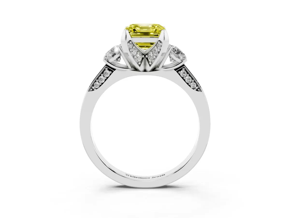 Fancy Yellow Asscher Cut Brilliant Three-Stone Diamond Ring with Pavé Band and Four-Prong Setting White gold