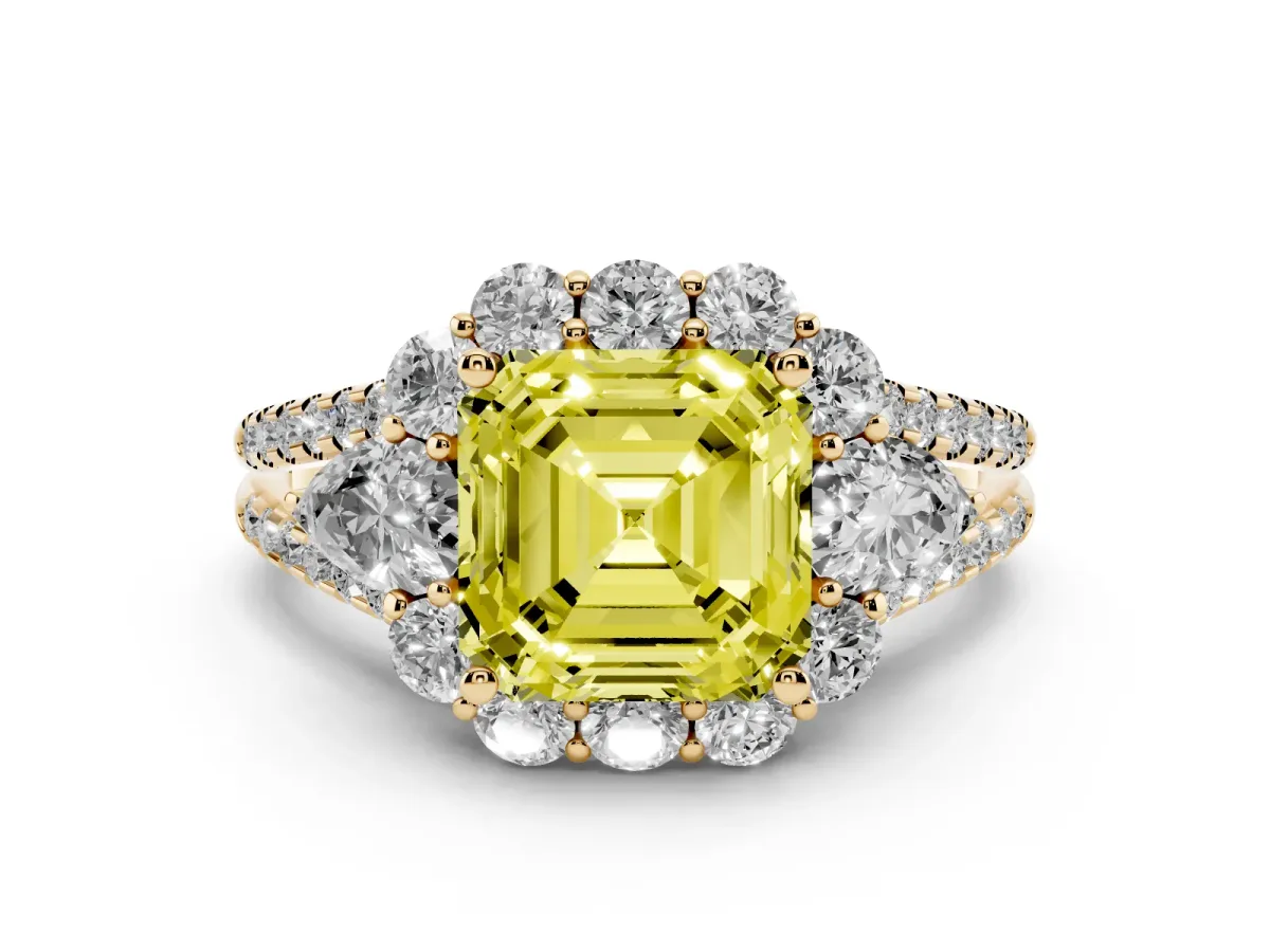 Fancy Yellow Asscher Cut Halo Split Shank Diamond Engagement Ring with Prong Setting Yellow gold