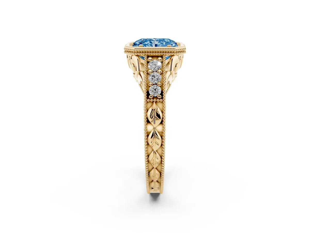 Fancy Blue Bezel Set Radiant Cut Diamond Milgrain Pave Engagement Ring Yellow gold