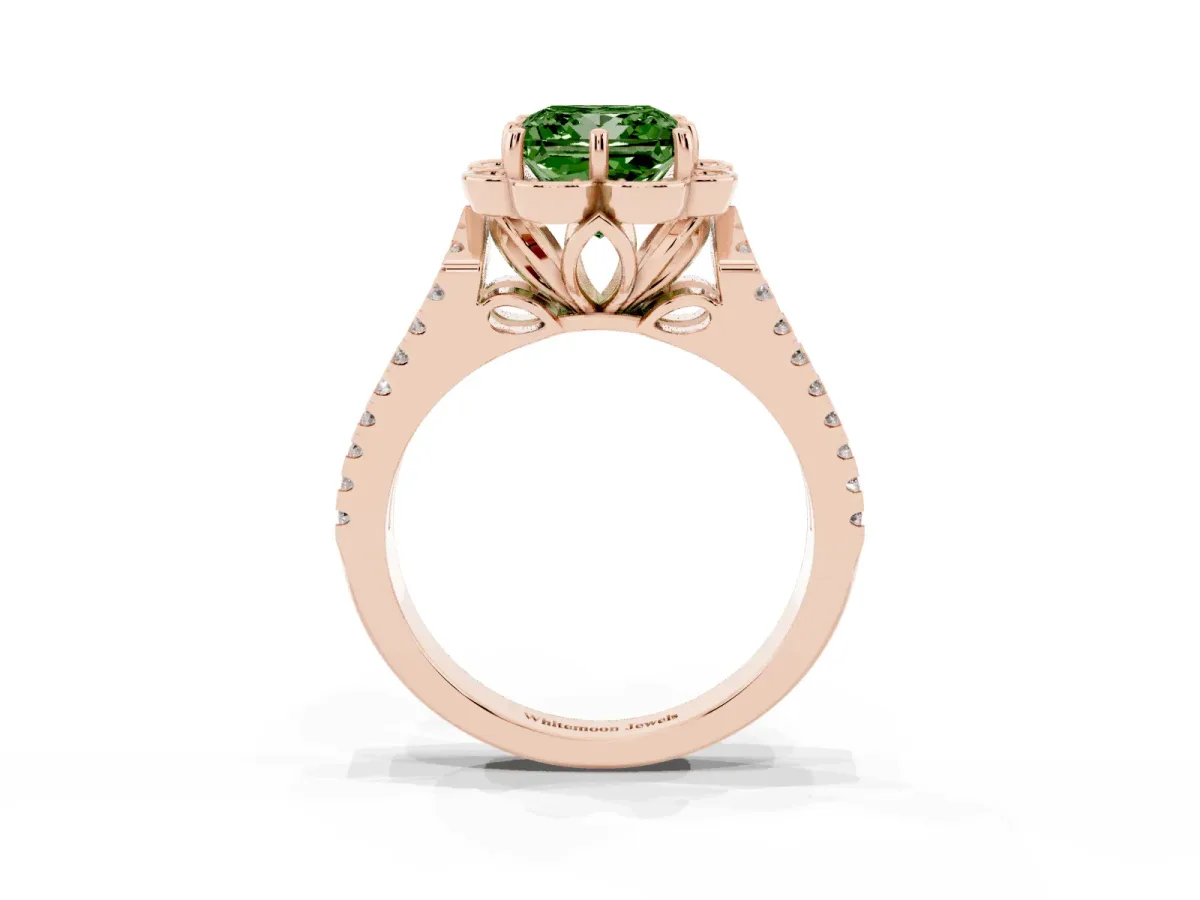 Fancy Green Princess Cut Halo Diamond Floral Split Shank Engagement Ring Rose gold