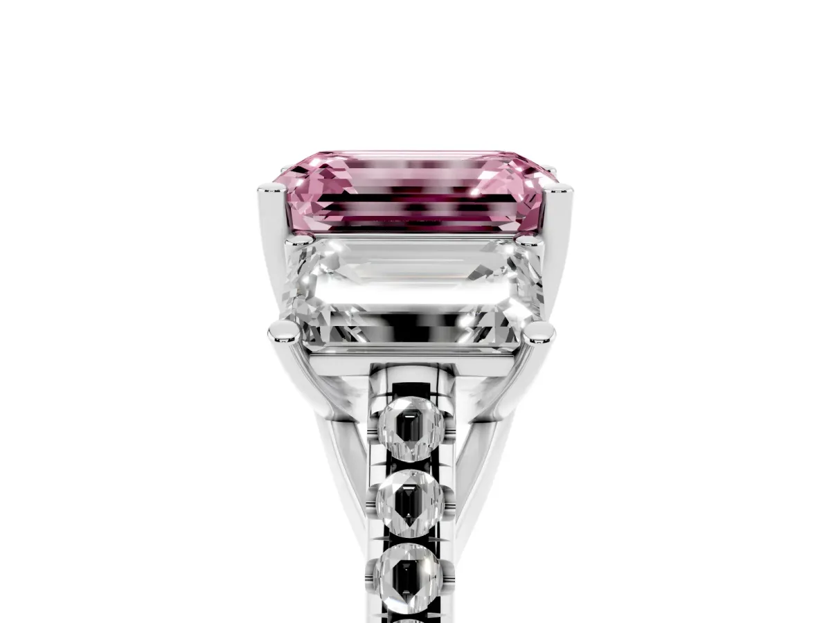 Fancy Pink Three-Stone Emerald Cut Diamond Ring with Round Pavé Band and Prong Setting Silver