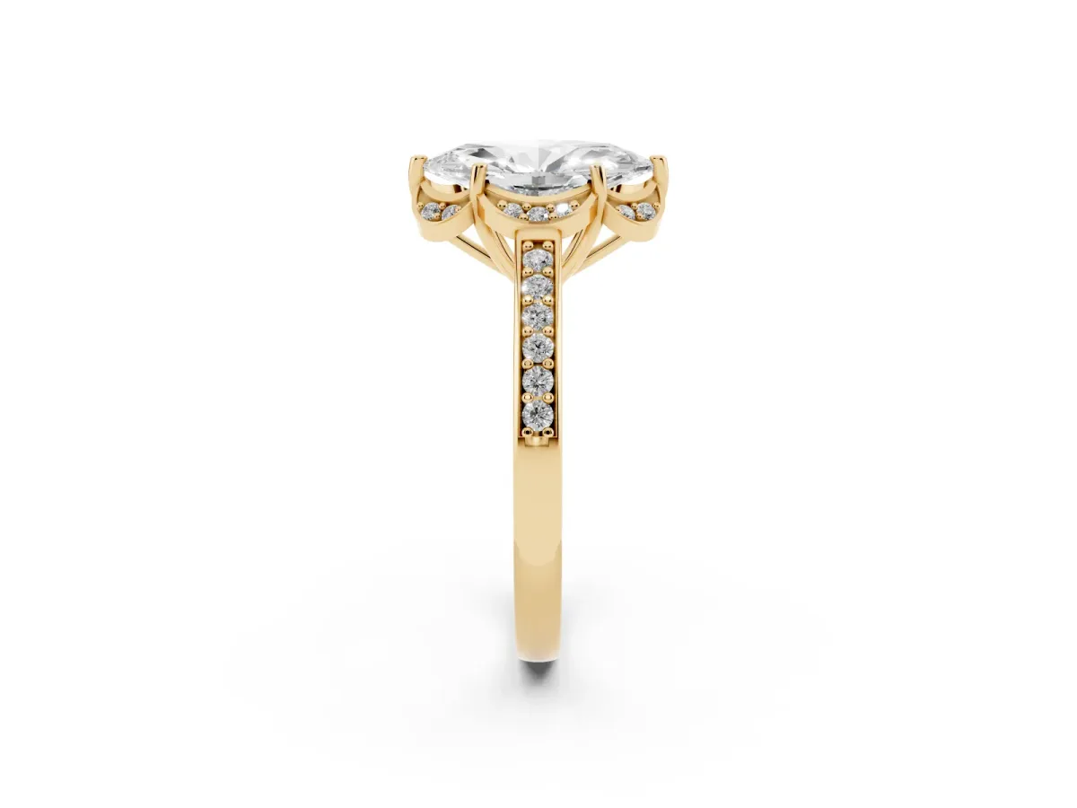 Marquise Cut Cut Halo Diamond Ring with Channel Set Band and Four-Prong Setting Yellow gold