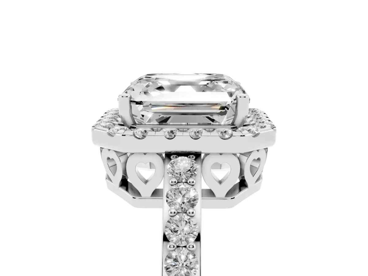 Asscher Cut Halo Diamond Pavé Band Ring with Prong Setting Silver
