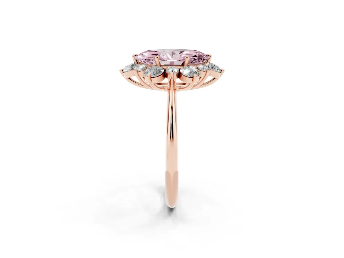 Fancy Pink Marquise Cut Diamond Cluster Halo Ring with Solitaire Band and Four-Prong Setting Rose gold