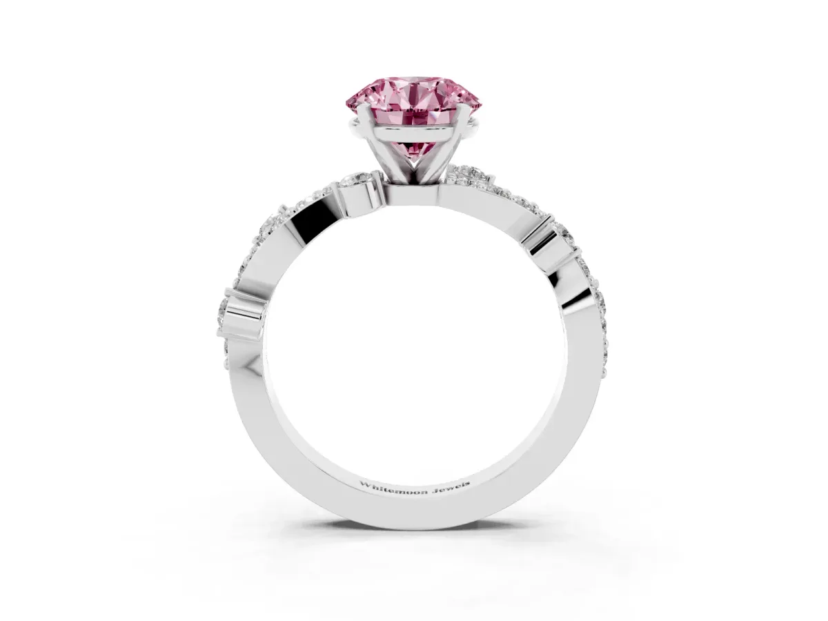 Fancy Pink Round Cut Cut Solitaire Diamond Twisted Band with Pave Setting Silver