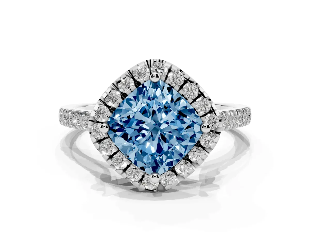 Fancy Blue Cushion Cut Diamond Cushion Halo Ring with Pavé Band Platinum