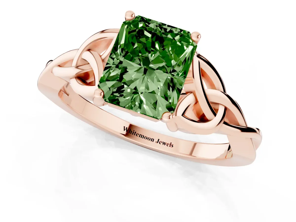 Fancy Green Radiant Cut Diamond Solitaire Engagement Ring with Celtic Knot Band and Four-Prong Setting Rose gold