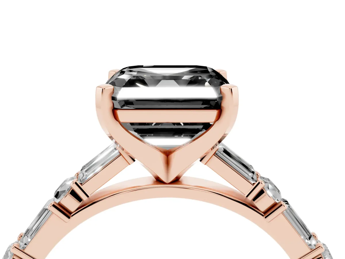 Fancy Black Asscher Cut Diamond Solitaire with Side Baguettes and Channel Set Band Rose gold