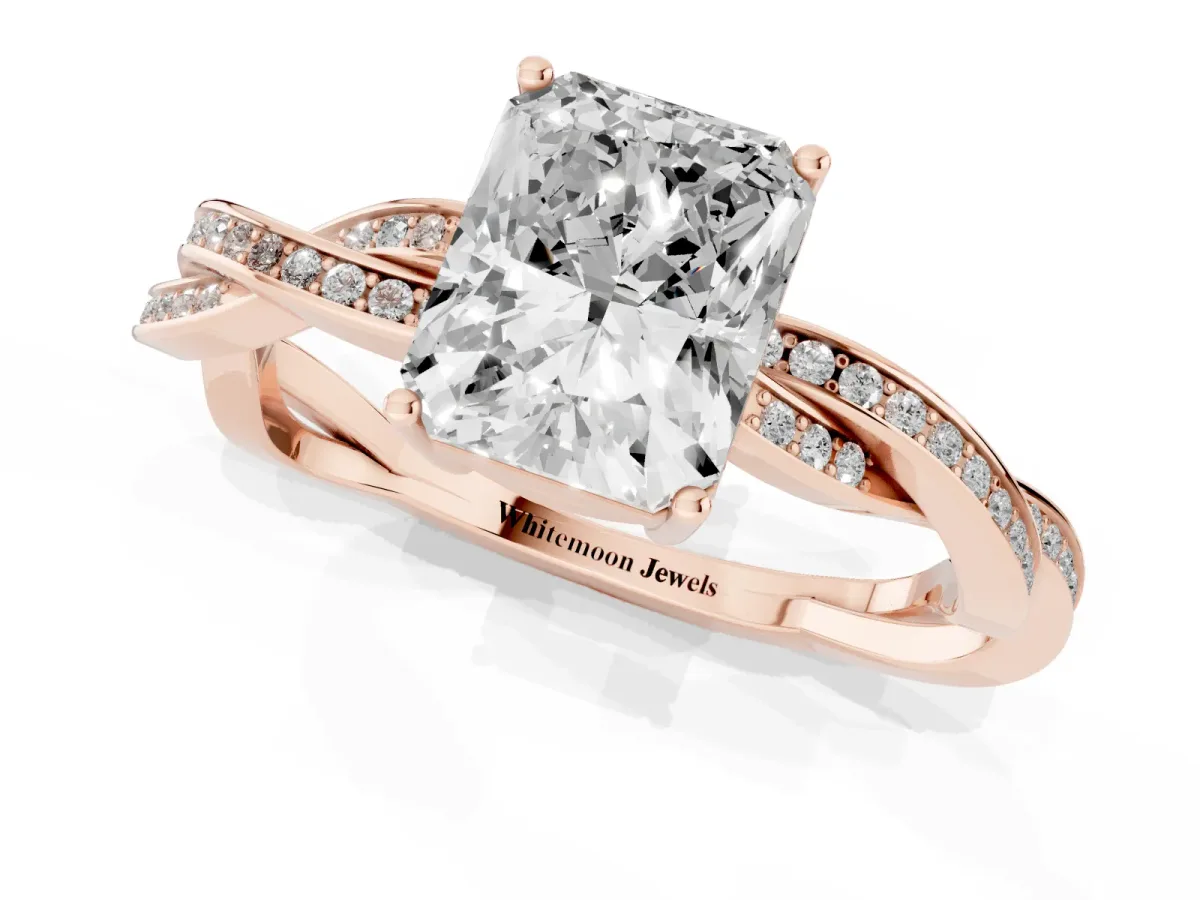 Radiant Cut Solitaire Twisted Pave Diamond Ring with Four-Prong Setting Rose gold