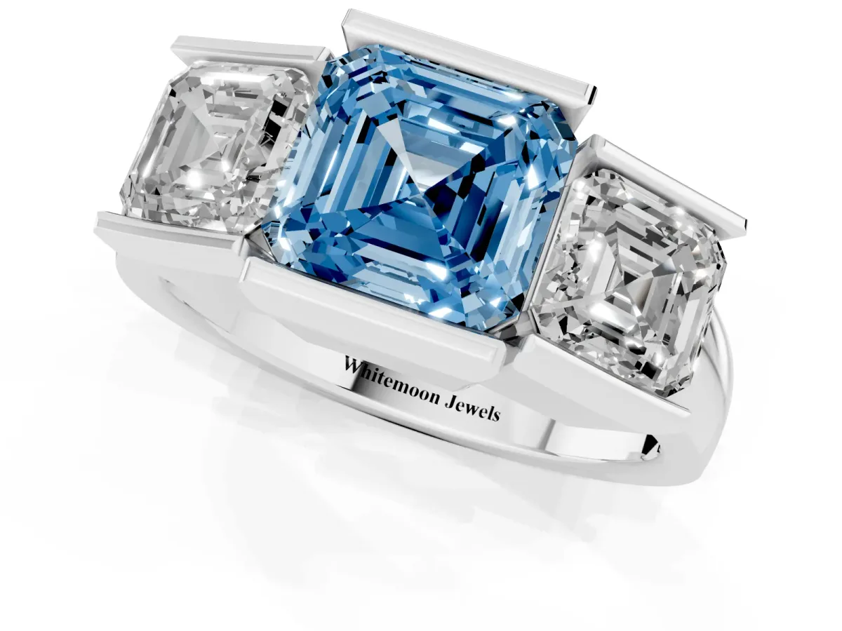 Fancy Blue Three Stone Asscher Cut Cut Channel Set Diamond Ring Platinum