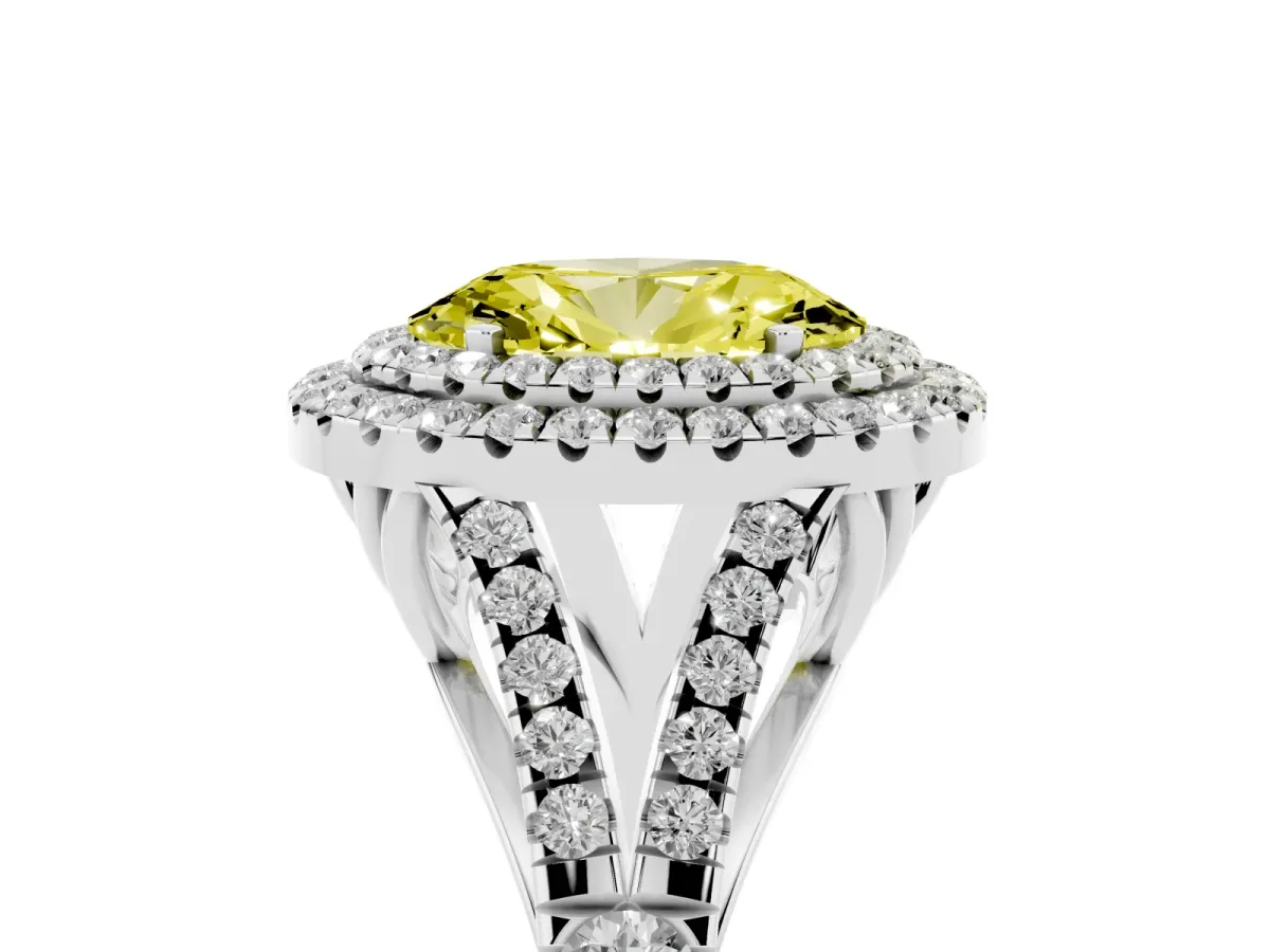 Fancy Yellow Oval Cut Diamond Pavé Split Shank Double Halo Engagement Ring Platinum